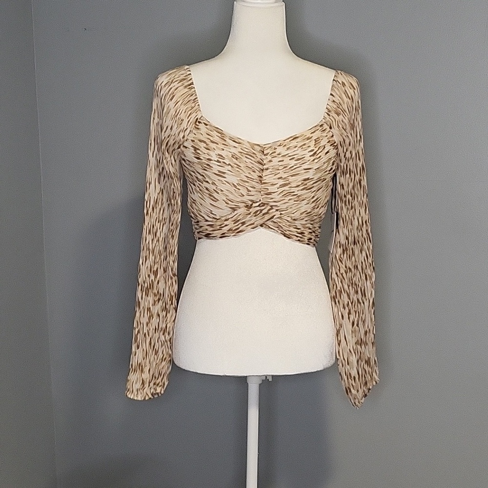 Japna Long Sleeve Animal Print Smocked Back Full Pleated Sleeves Crop Top - Sz S